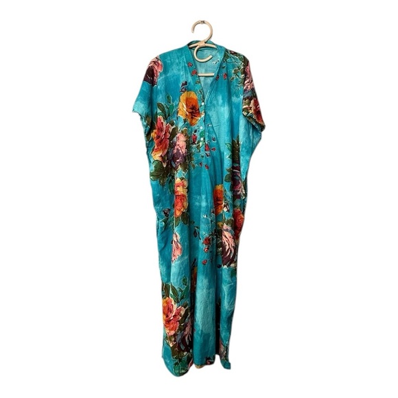 Aqua Bold Floral Split Neck Button Womens Kaftan Aloha Tropical Cover Up OSFA - Picture 3 of 11